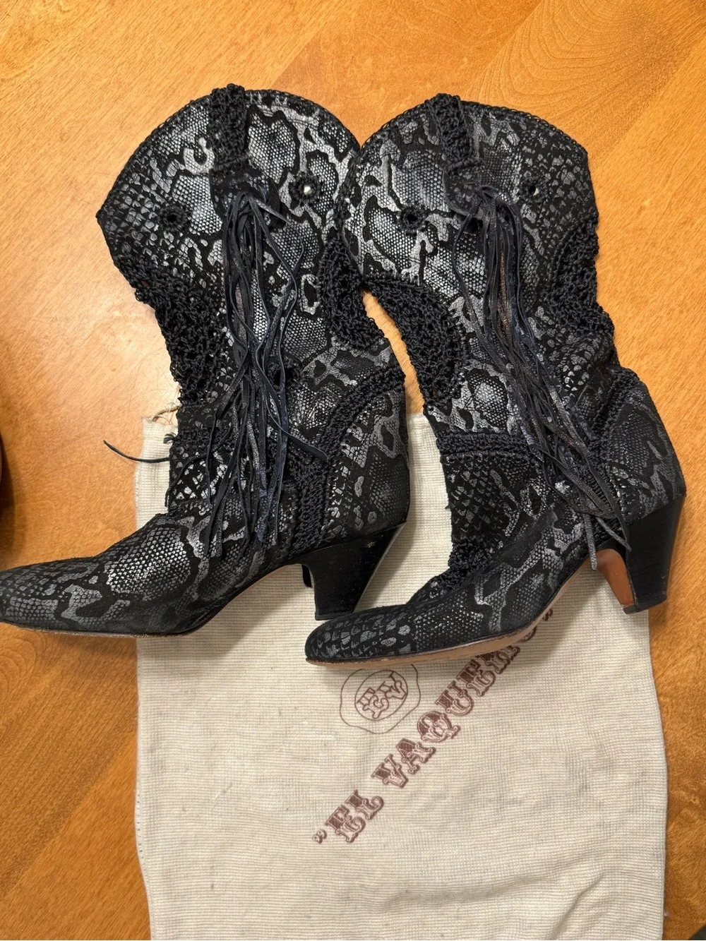 El Vaquero Black Snake-Print Lace-Up Ankle Booties